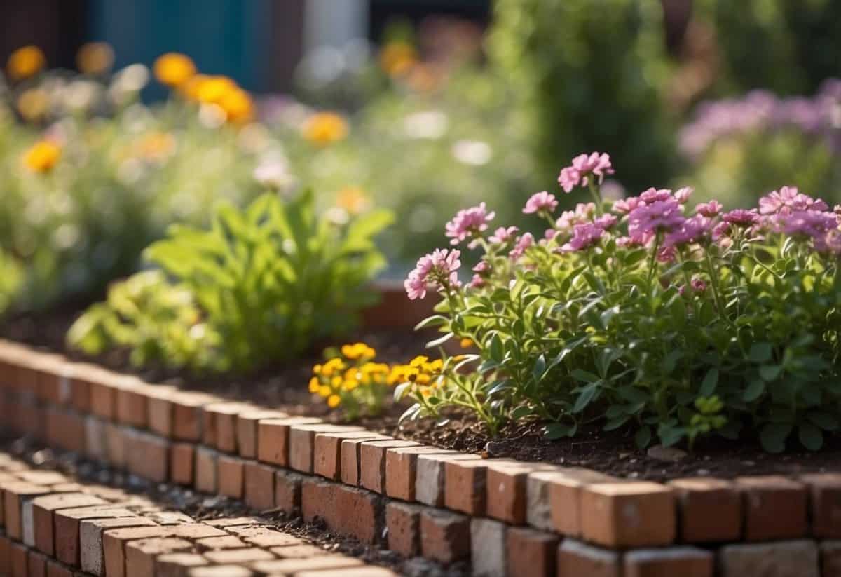 A small square flower garden is edged with recycled bricks, creating a rustic and eco-friendly border