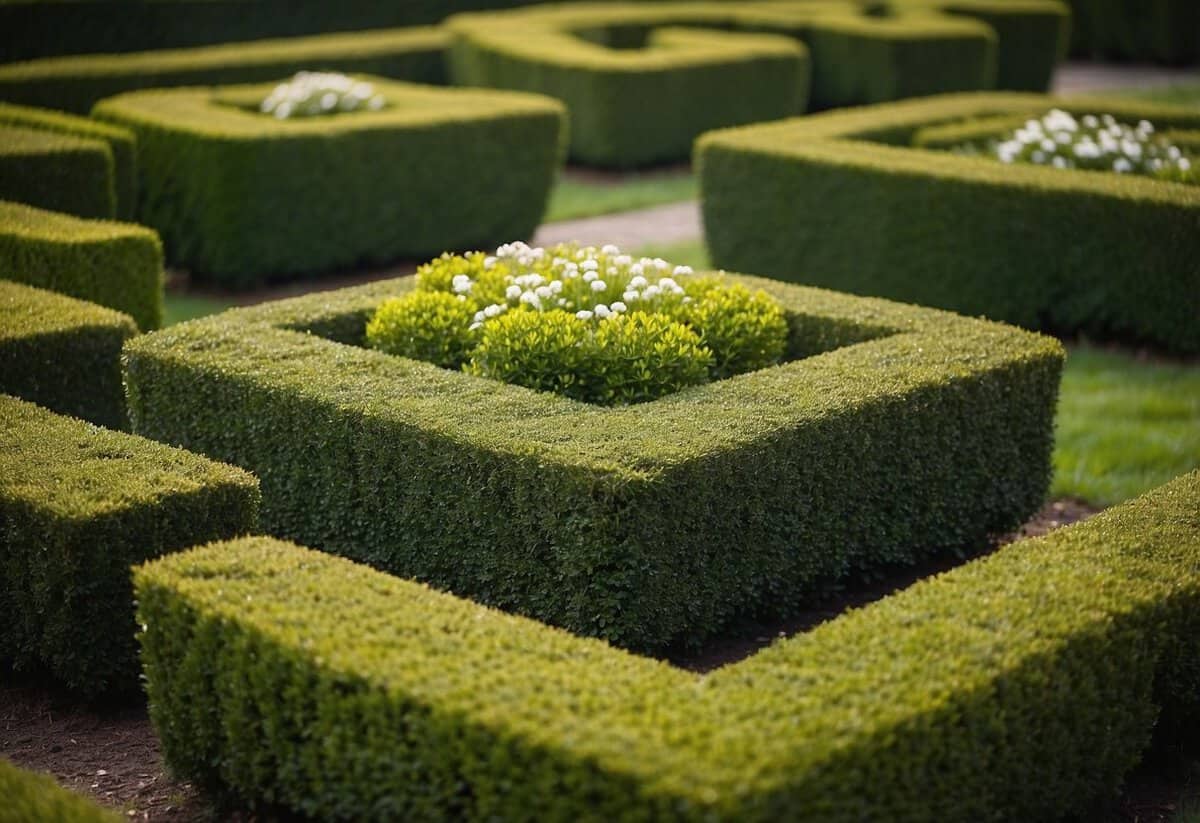 A perfectly symmetrical pattern of boxwood shrubs forms a small square flower garden, with neatly trimmed edges and vibrant green foliage