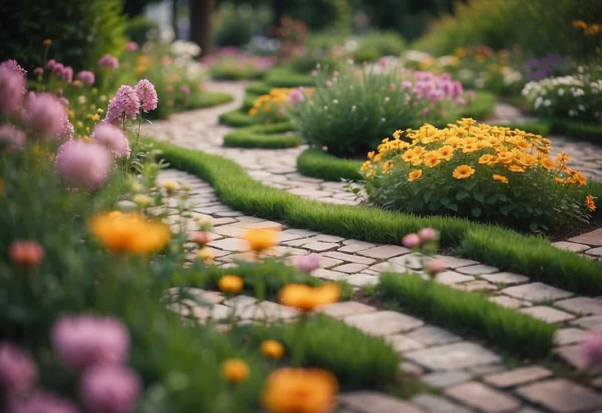 A small square flower garden with stepping stones winding through vibrant blooms and lush greenery