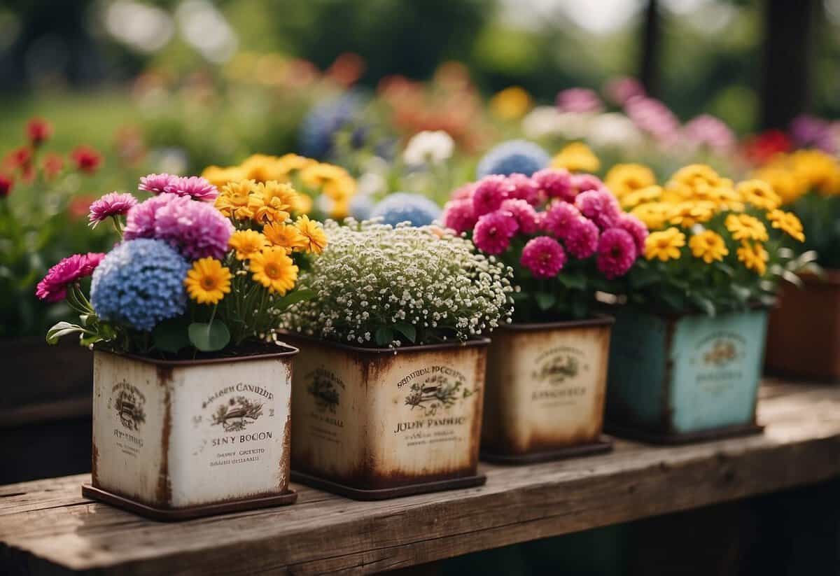 Vintage containers hold a variety of small square flower gardens, arranged in a charming and rustic display. Each container is filled with vibrant blooms, creating a delightful and picturesque scene