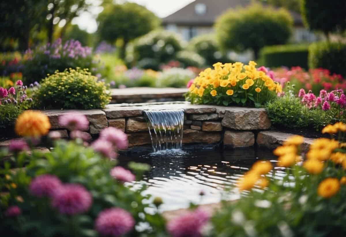 A small water feature nestled within a square flower garden, surrounded by colorful blooms and lush greenery