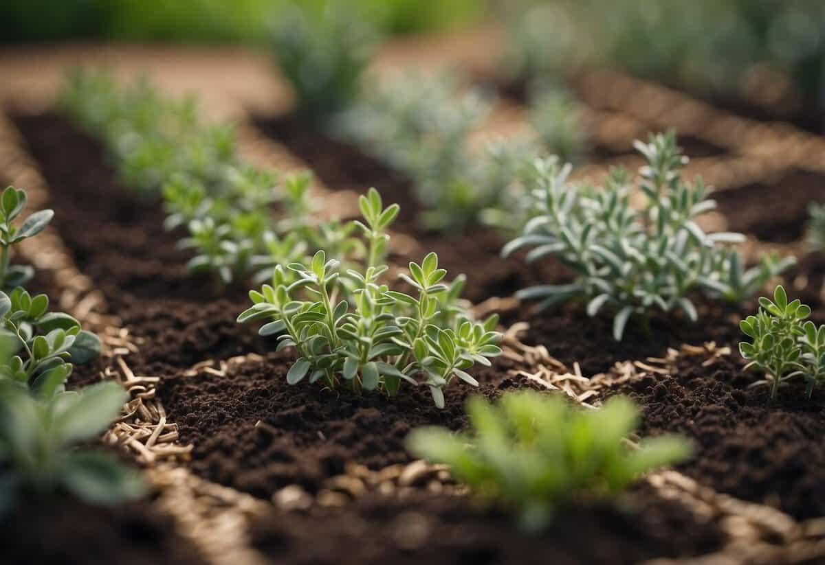 Thyme and sage planted in small square garden. Rows of herbs neatly arranged in soil. Surrounding plants and flowers add color and texture