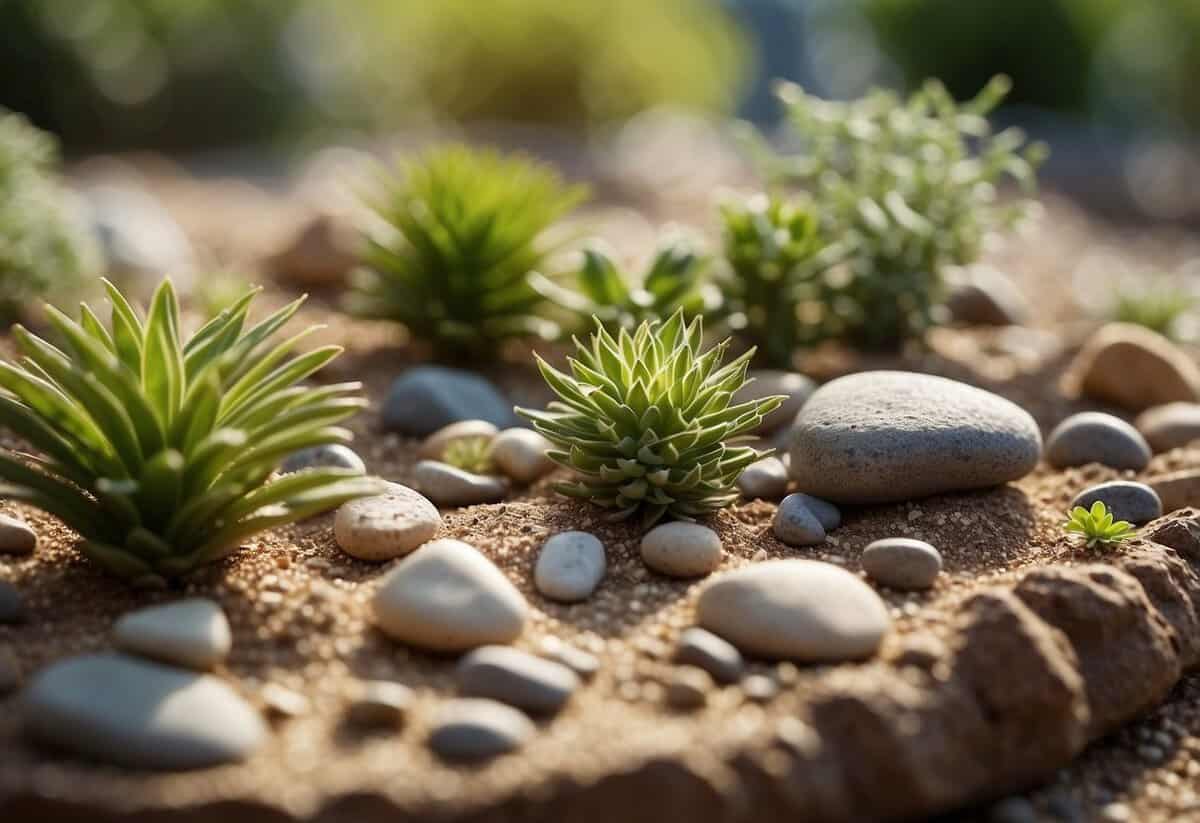 A small square garden with carefully arranged rocks, raked sand, and a few miniature plants, creating a tranquil and serene atmosphere