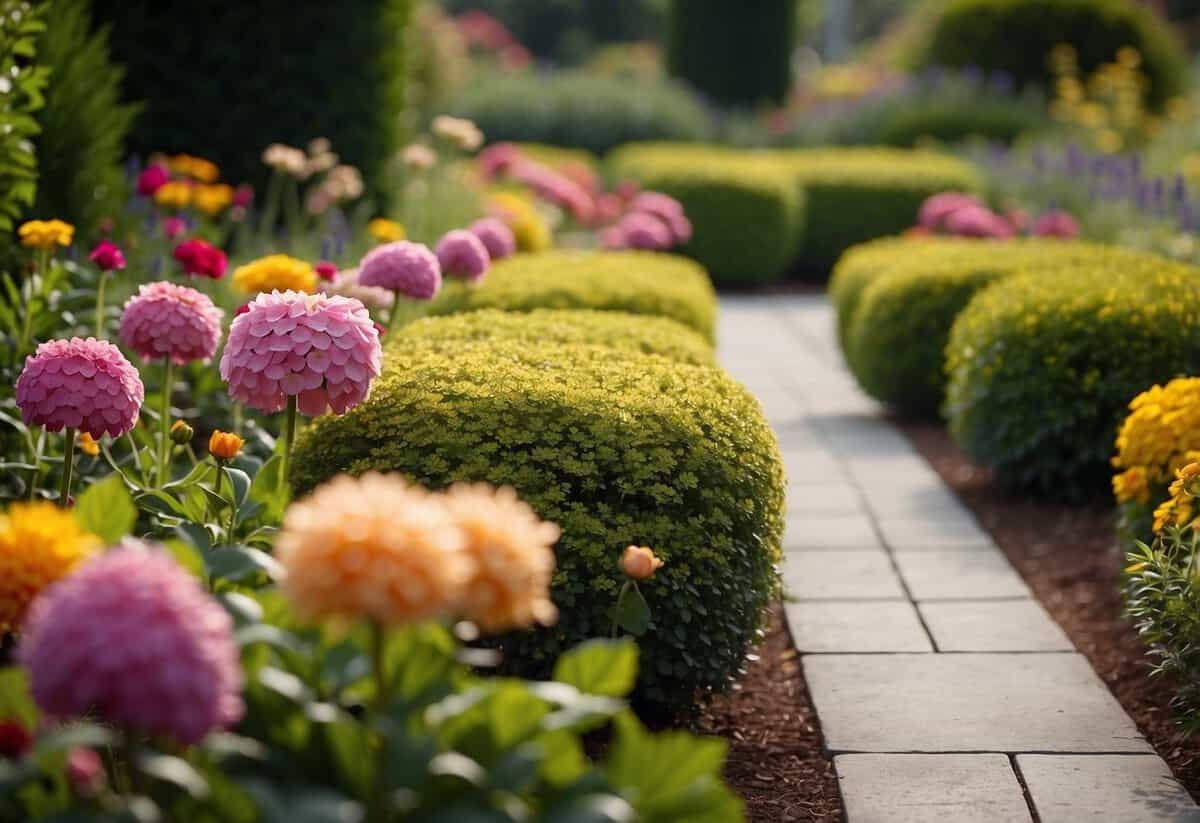 A neatly arranged square flower garden with various vibrant blooms, surrounded by a border of neatly trimmed hedges and a pathway leading to a small bench