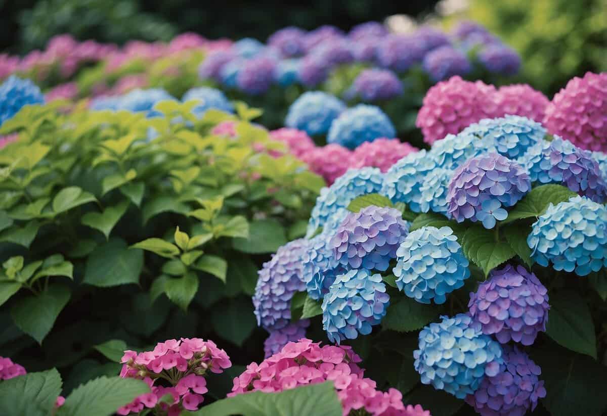 A lush garden in Massachusetts filled with clusters of hydrangea flowers in vibrant shades of blue, pink, and purple, creating a beautiful and serene landscape