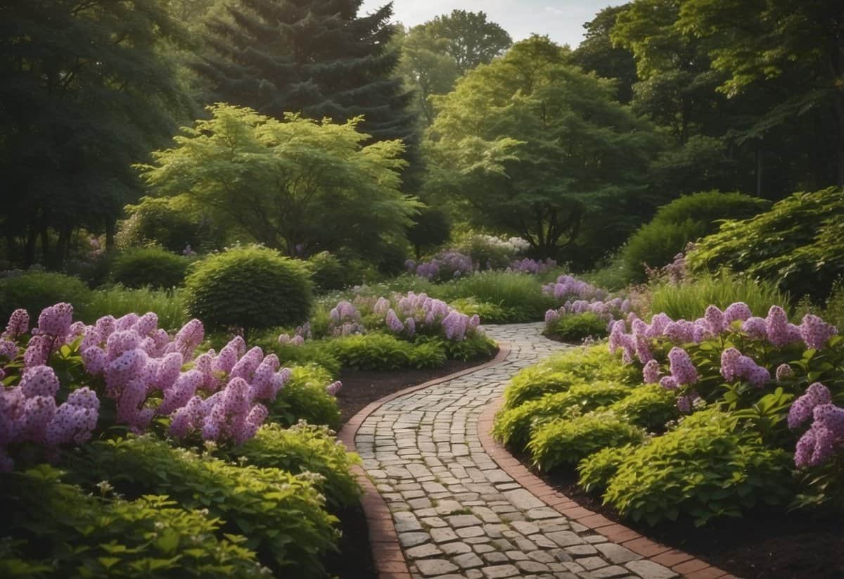 A winding pathway lined with vibrant lilac bushes, leading through a lush flower garden in Massachusetts. The air is filled with the sweet, fragrant scent of the flowers