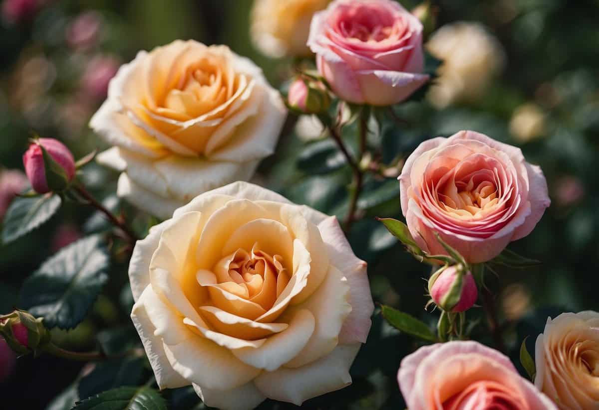 A lush garden of heirloom roses in Massachusetts, with a variety of colors and sizes creating a beautiful and vibrant display