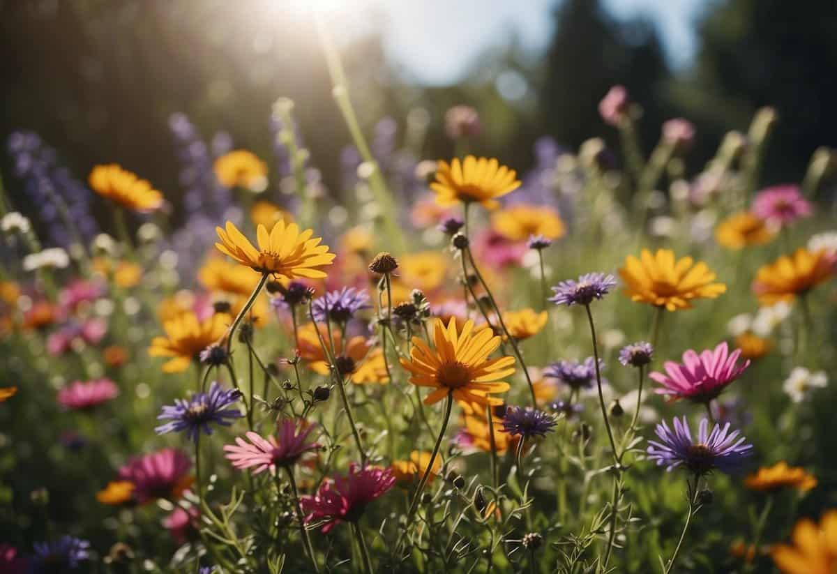 A vibrant mix of wildflowers blankets the garden, bursting with color and variety. The flowers sway gently in the breeze, creating a picturesque scene of natural beauty