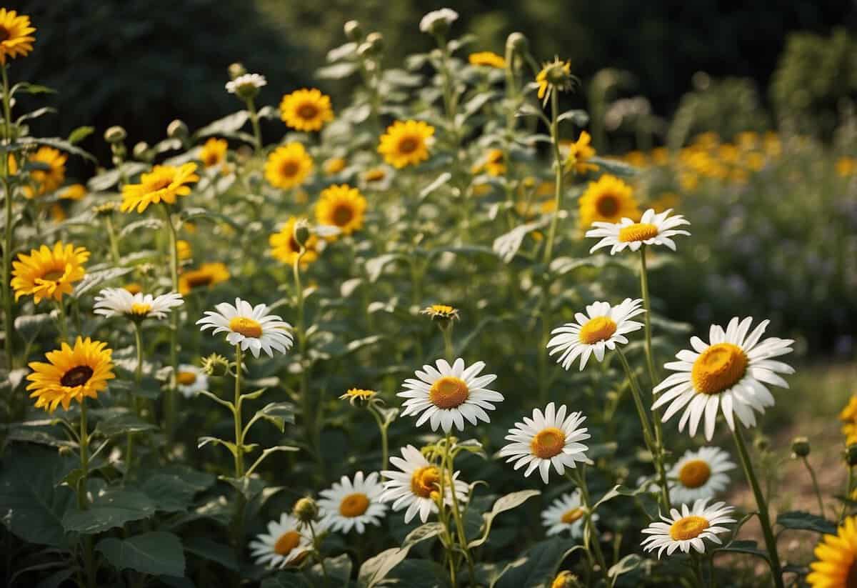 A vibrant garden with daisies and sunflowers in full bloom, surrounded by lush greenery and basking in the warm Massachusetts sun