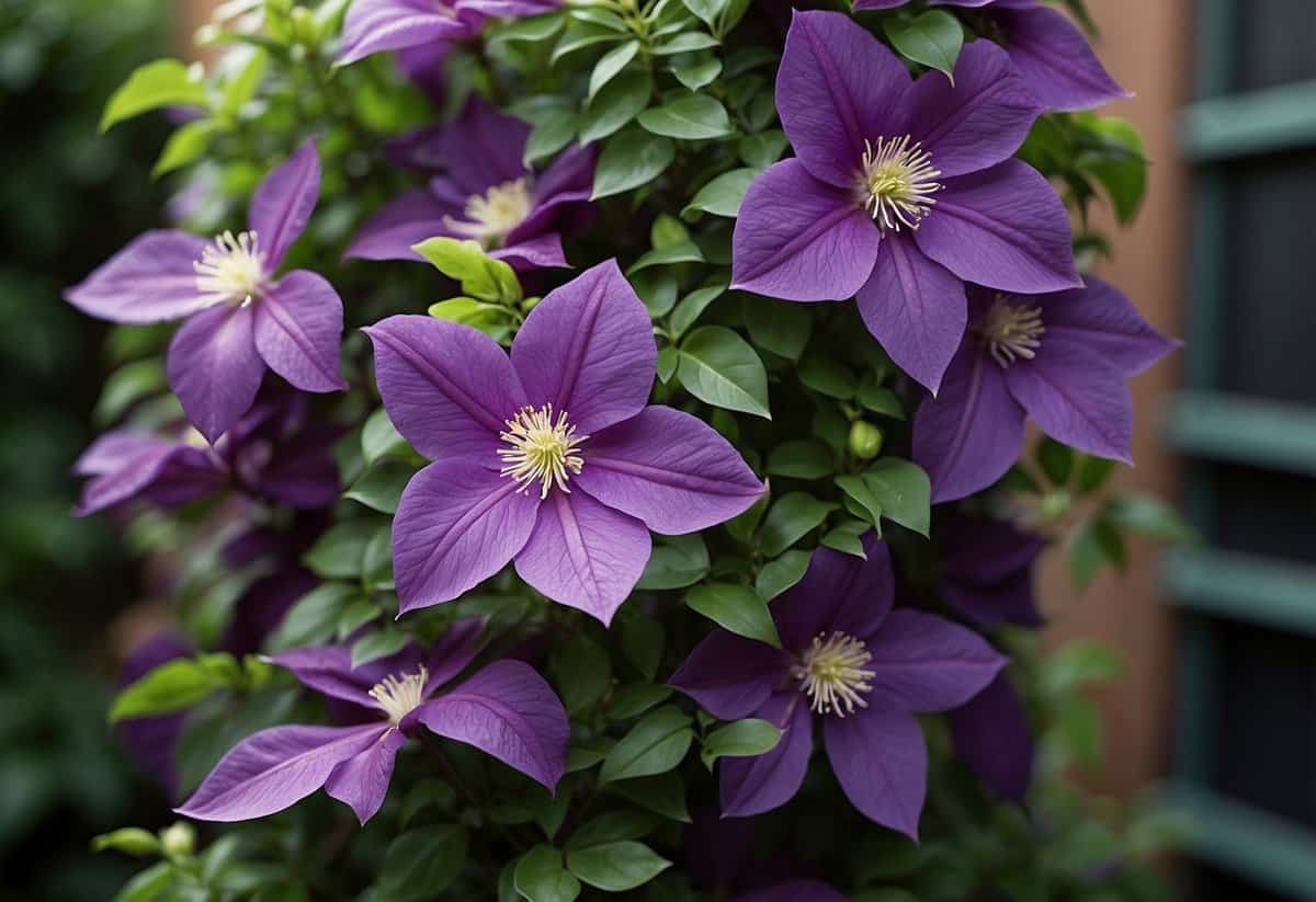 Lush vertical gardens bloom with vibrant Clematis flowers in a Massachusetts garden