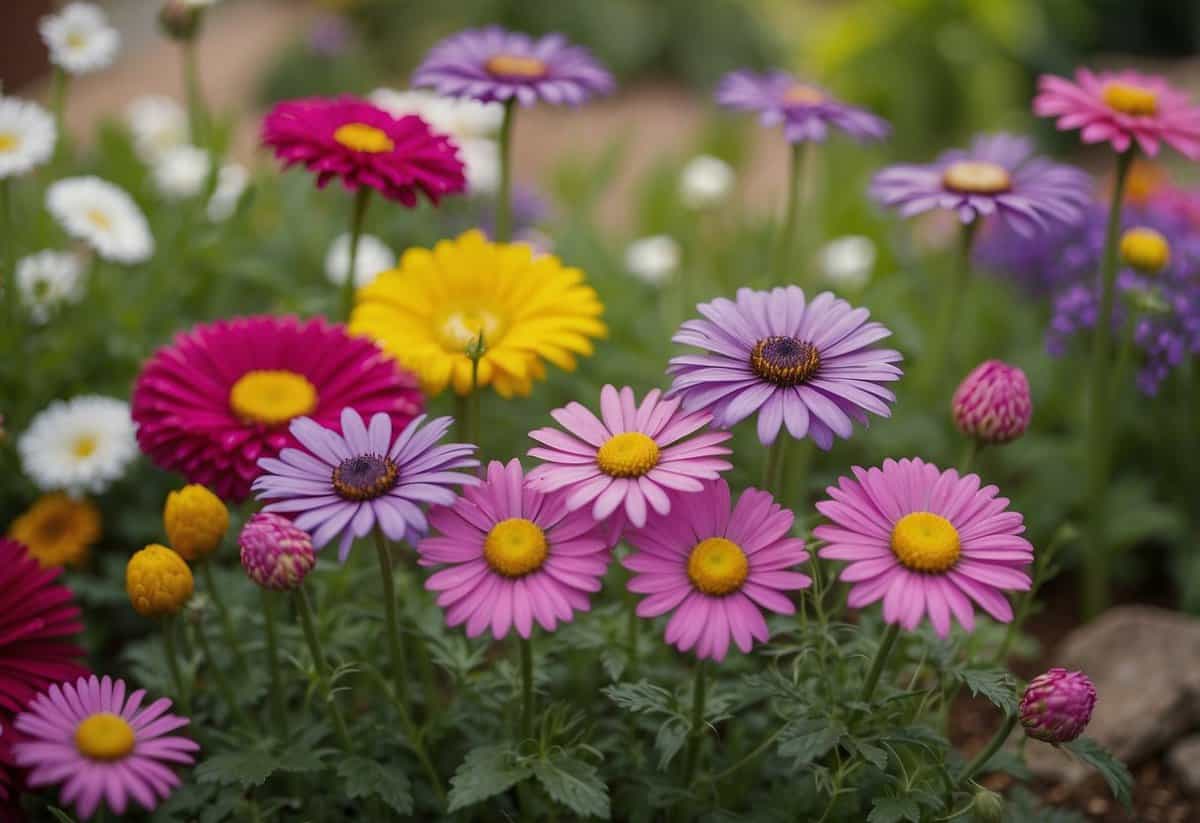 A colorful array of flowers bloom in a well-organized garden bed, with a variety of heights and textures creating visual interest