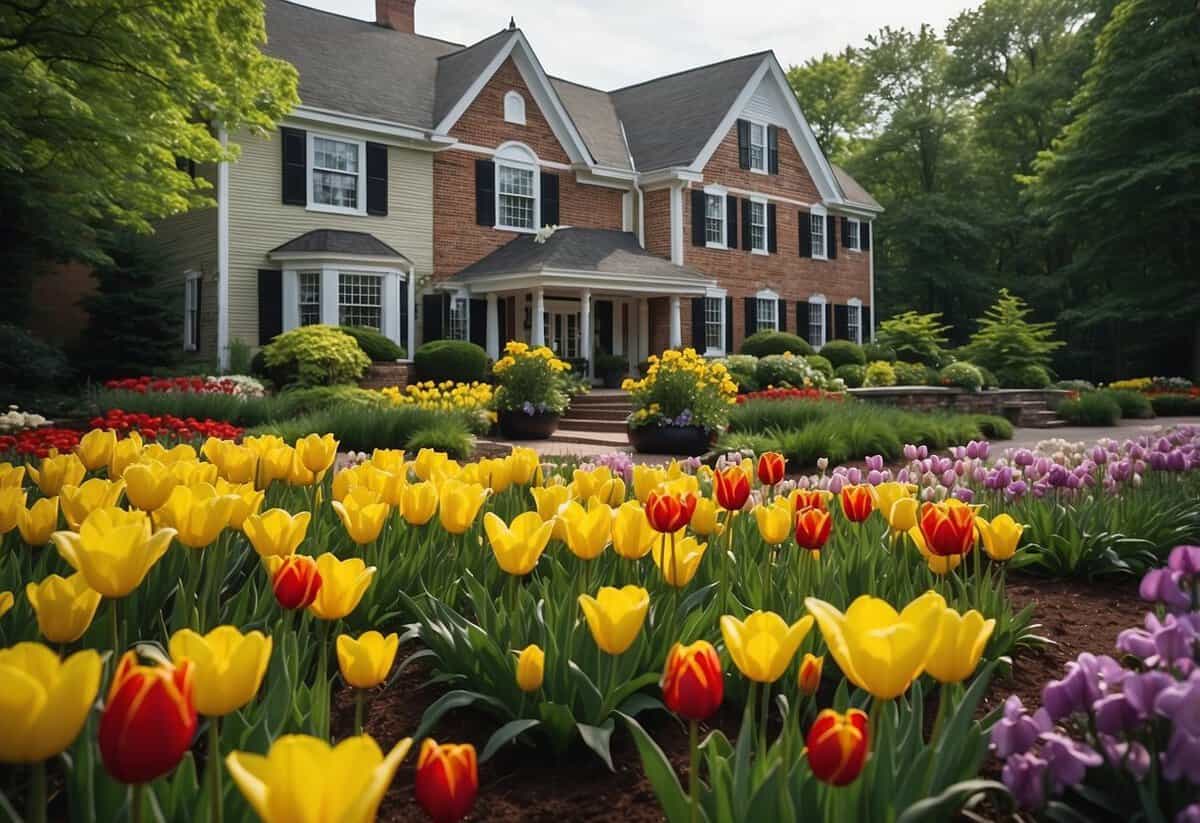 Colorful tulips, daffodils, and pansies bloom in a well-manicured Massachusetts garden, surrounded by lush green foliage and a backdrop of quaint New England architecture