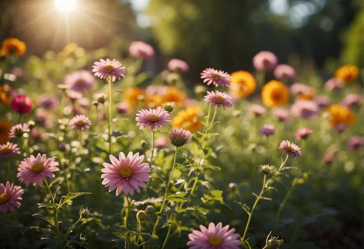 Vibrant flowers bloom in neat rows, surrounded by lush green foliage. A gentle breeze rustles the petals, while the sun casts a warm glow over the garden