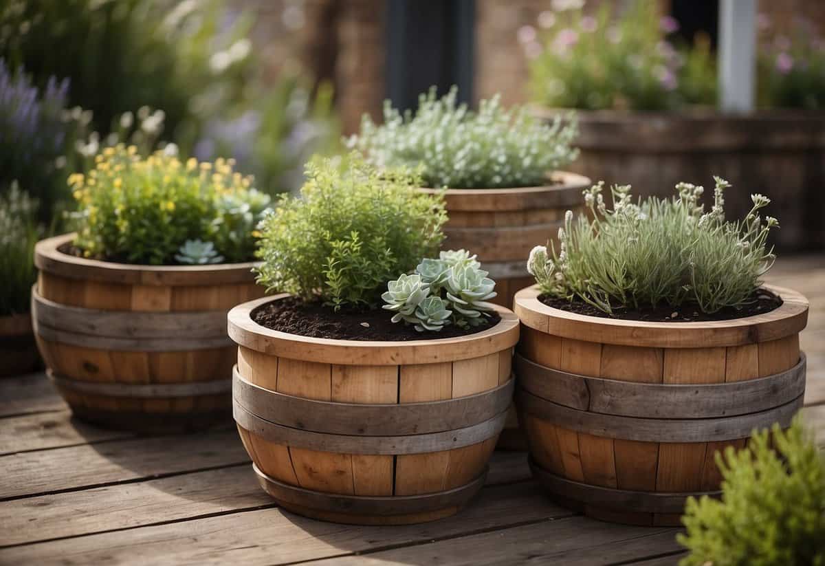 Rustic wooden planters arranged in a shabby chic garden setting