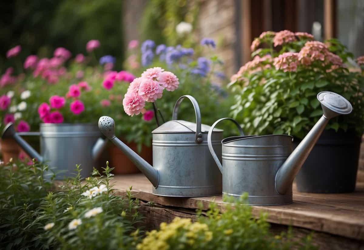 Rustic metal watering cans sit among blooming flowers in a quaint garden setting