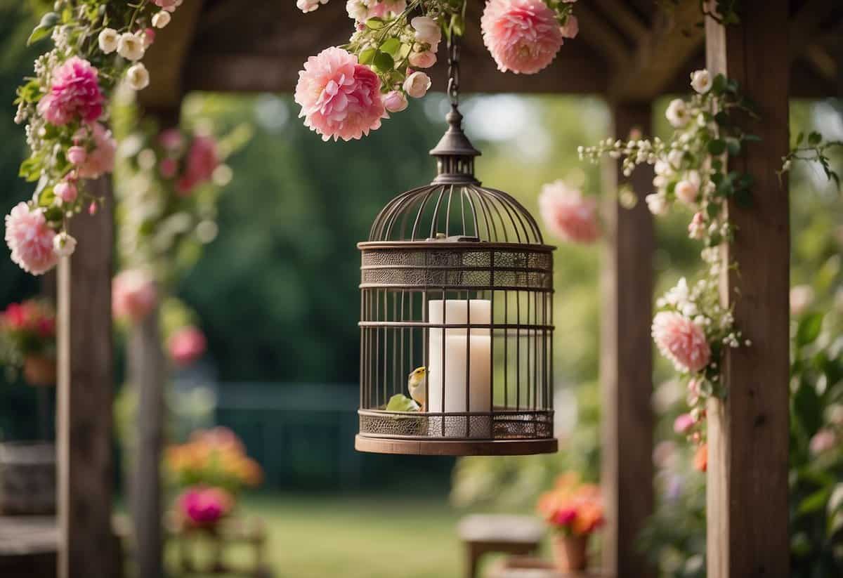 Antique birdcages adorned with vibrant flowers hang from a rustic wooden pergola in a charming shabby chic garden