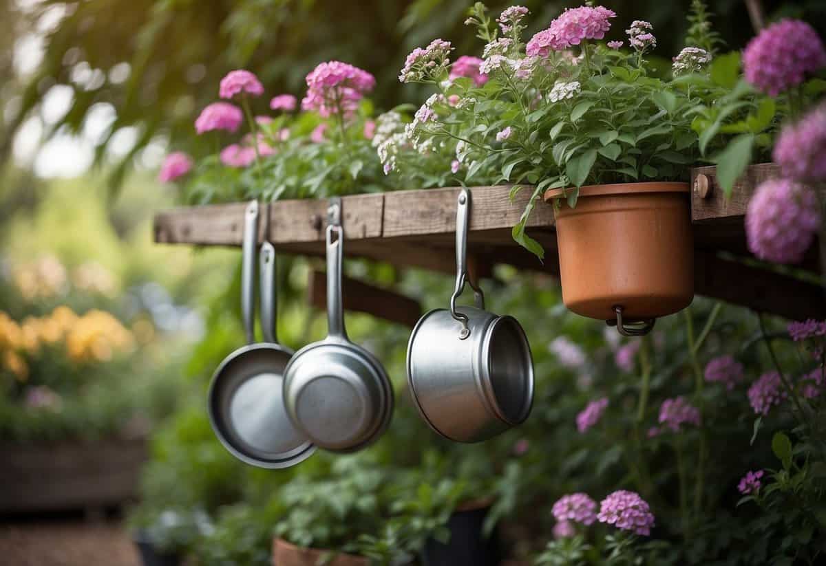 Enamelware pots and pans hang from a rustic wooden rack in a lush garden, surrounded by blooming flowers and vintage decor