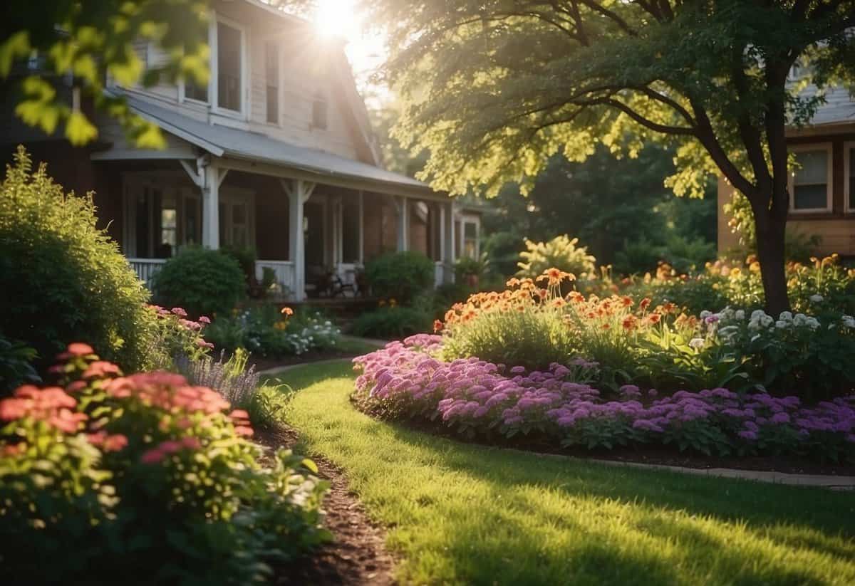 A sunlit shade garden in Kansas, with vibrant flowers and lush greenery, creating a peaceful and inviting atmosphere