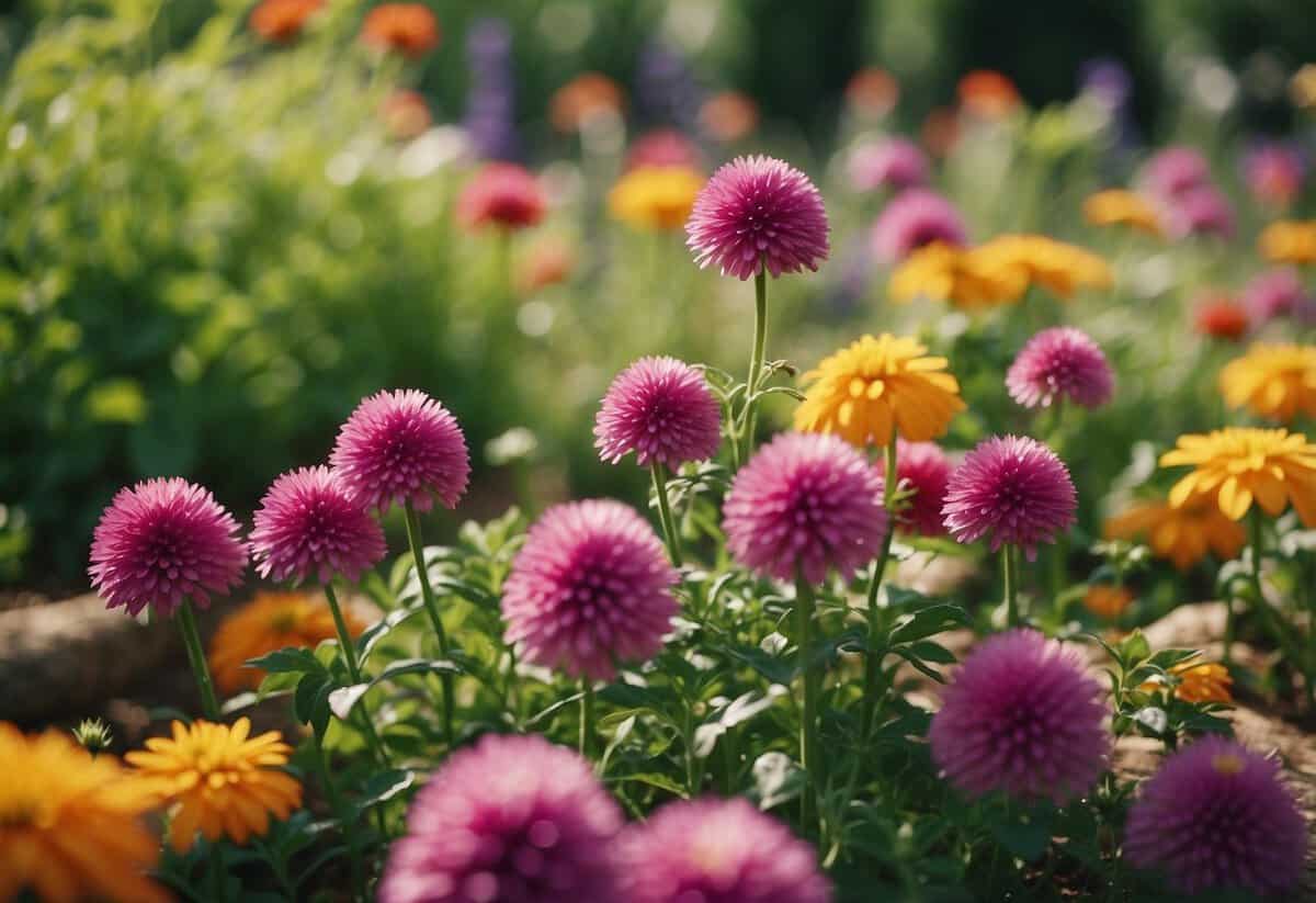 A vibrant flower garden in Blossom Creek, Kansas, with a variety of colorful blooms and lush greenery