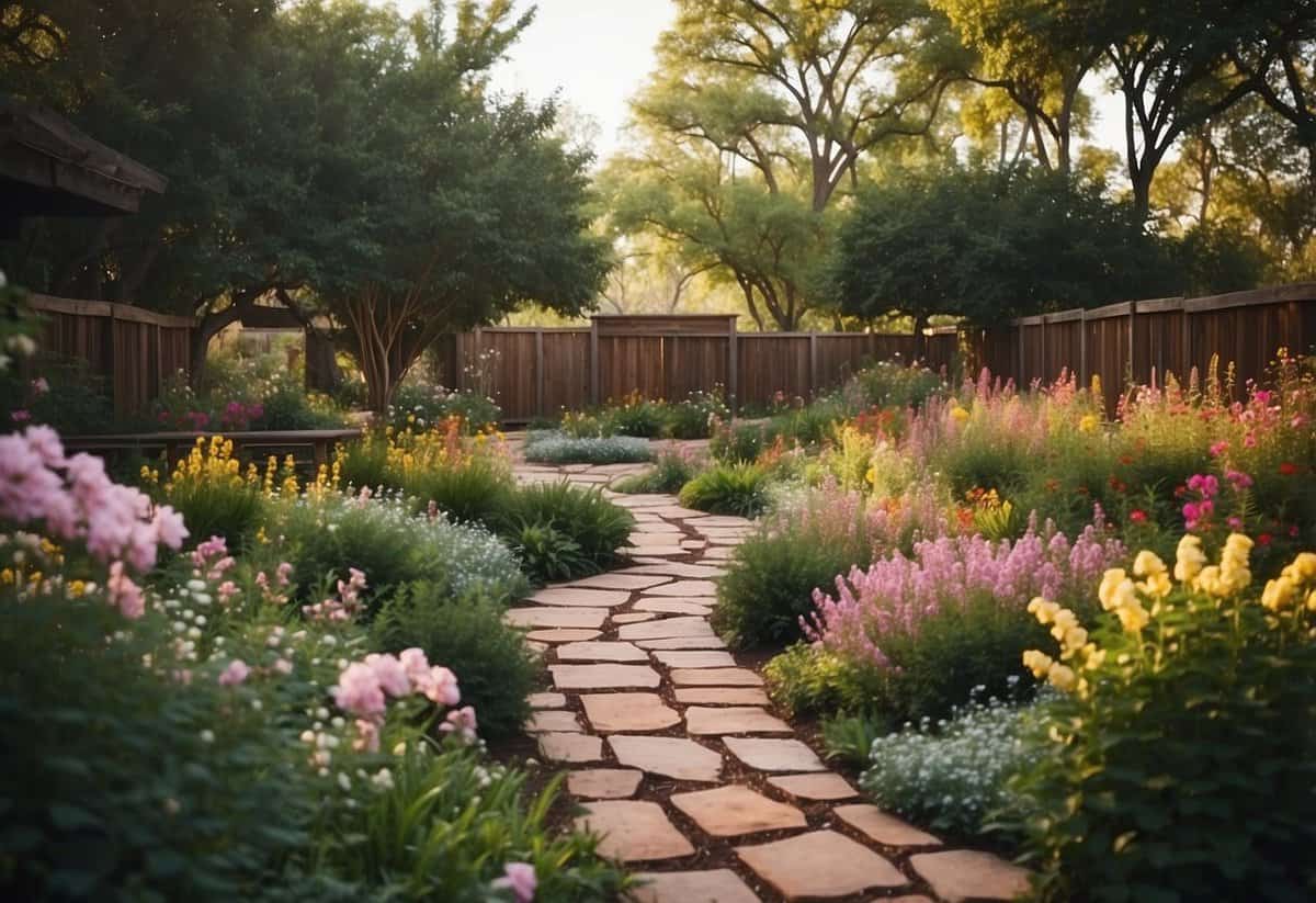 Lush rosewood garden with vibrant blooms and winding pathways in Kansas retreat