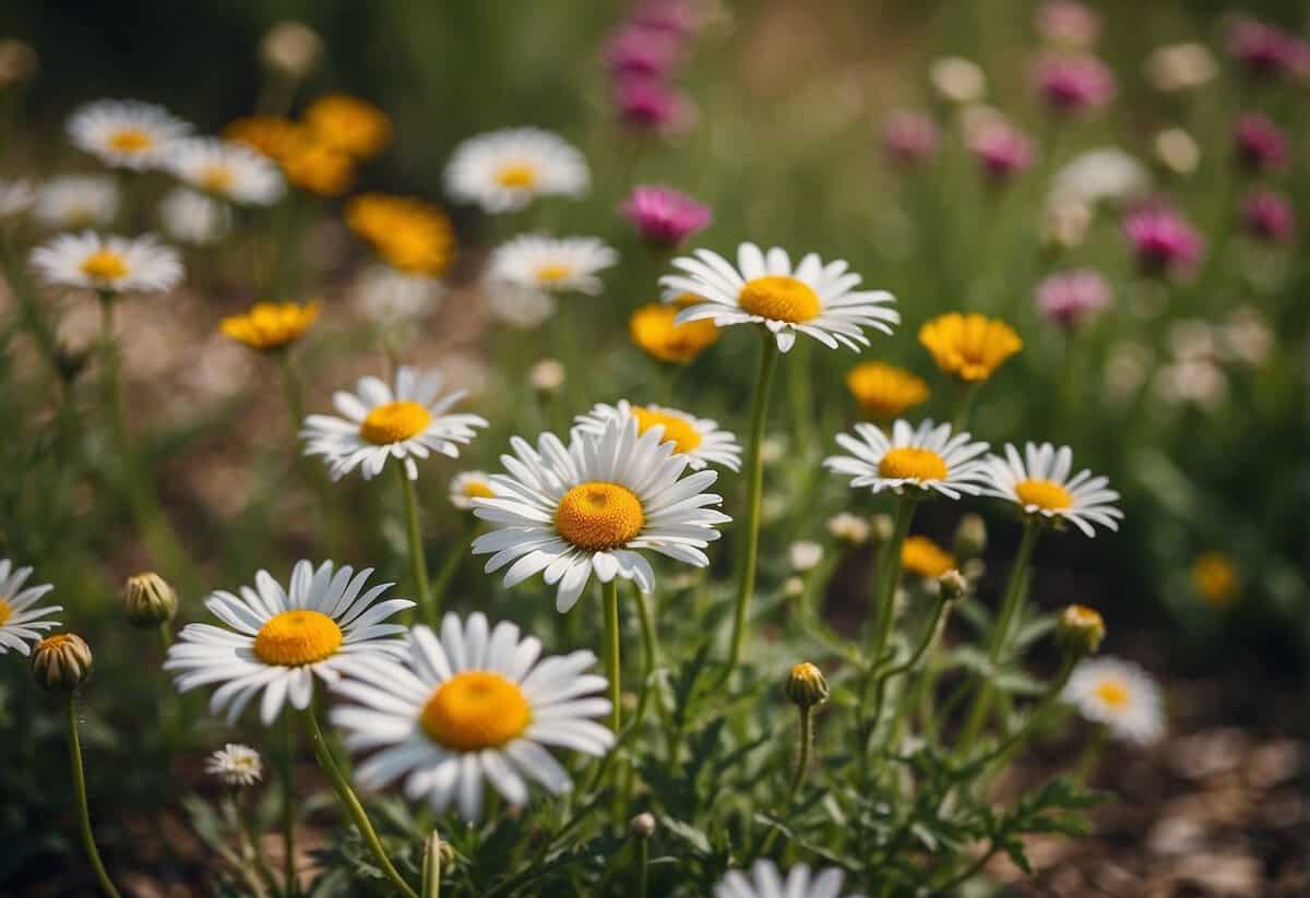 A vibrant Kansas flower garden with daisies in full bloom, surrounded by lush greenery and colorful wildflowers