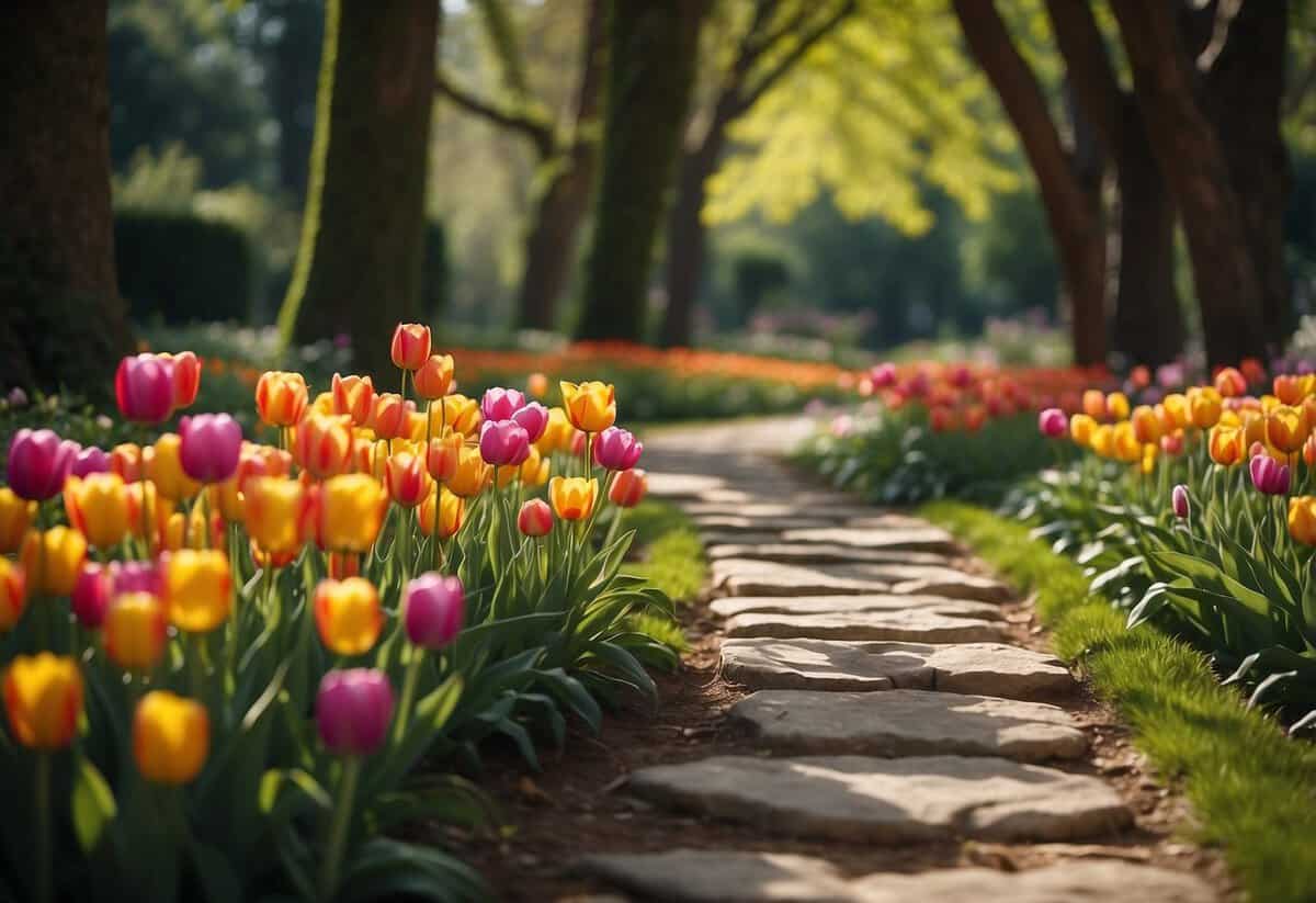 A colorful array of tulips lines a winding stone path in a lush garden terrace. Tall trees provide shade, while the vibrant flowers create a stunning display of natural beauty