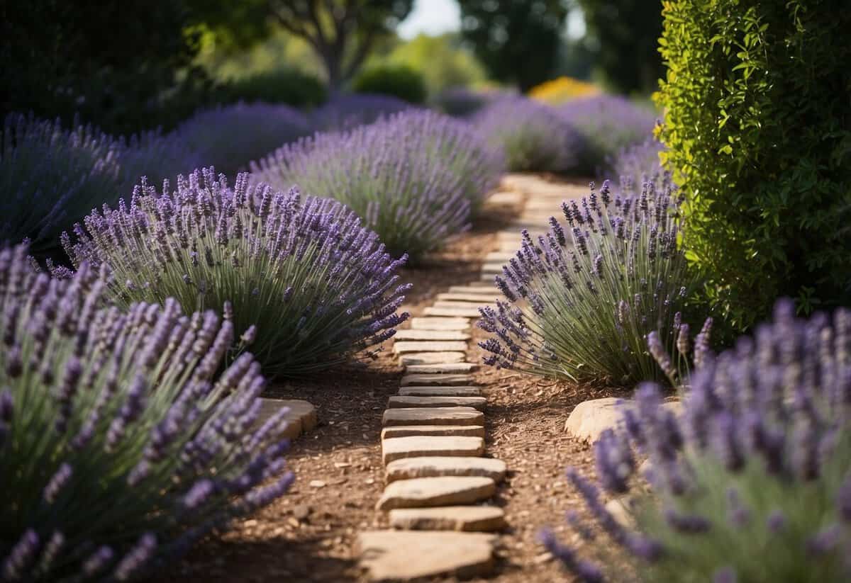 A colorful array of lavender flowers lines a winding path through a lush garden in Kansas. The vibrant blooms create a peaceful and inviting atmosphere