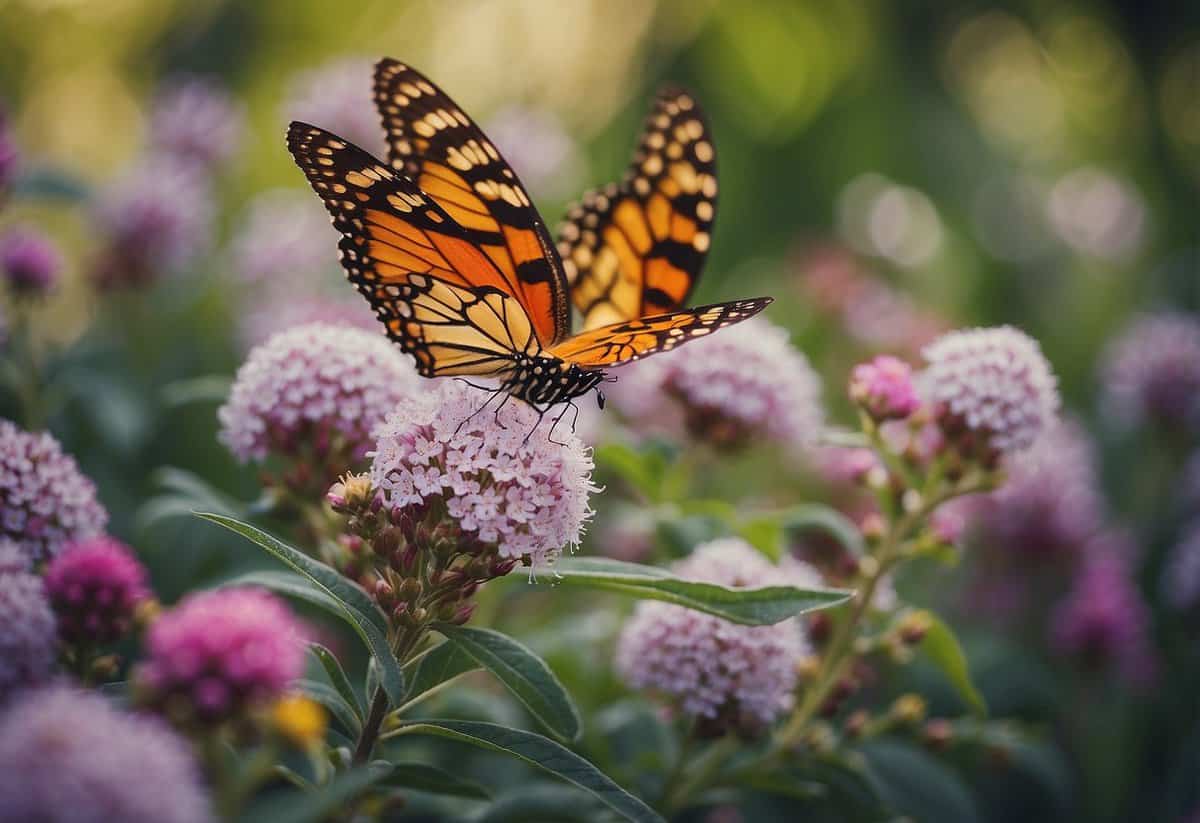 A colorful butterfly bush blooms in a serene Kansas flower garden, surrounded by vibrant flowers and buzzing insects