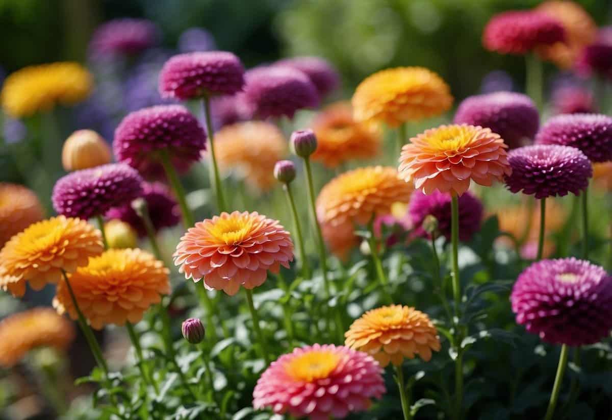 Vibrant flowers bloom in a well-maintained garden, showcasing a variety of seasonal colors and textures. The garden is carefully planned and organized, with different types of flowers strategically placed to create a visually appealing and harmonious display