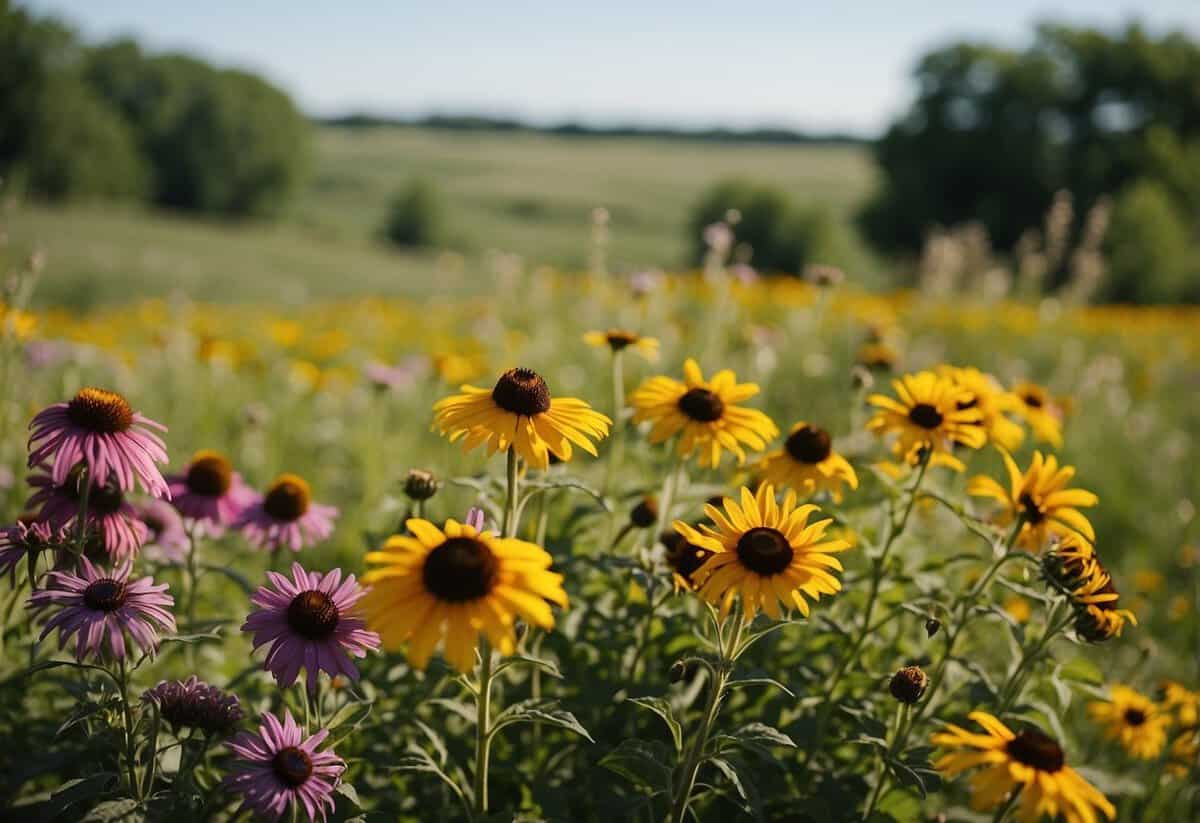 A vibrant Kansas flower garden blooms with native wildflowers, including purple coneflowers, black-eyed susans, and sunflowers, surrounded by lush green foliage and a backdrop of rolling prairies