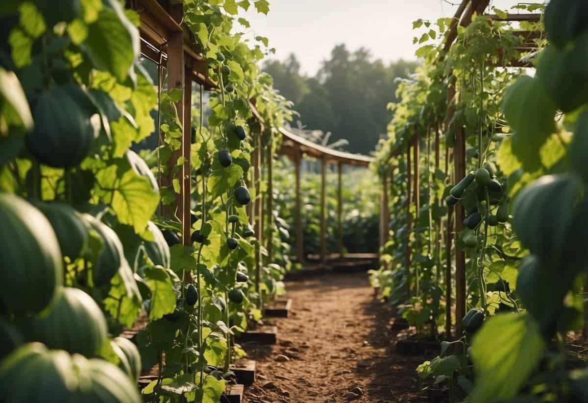 A lush garden with a wooden arbor covered in climbing cucumber vines, surrounded by neatly planted rows of cucumber plants