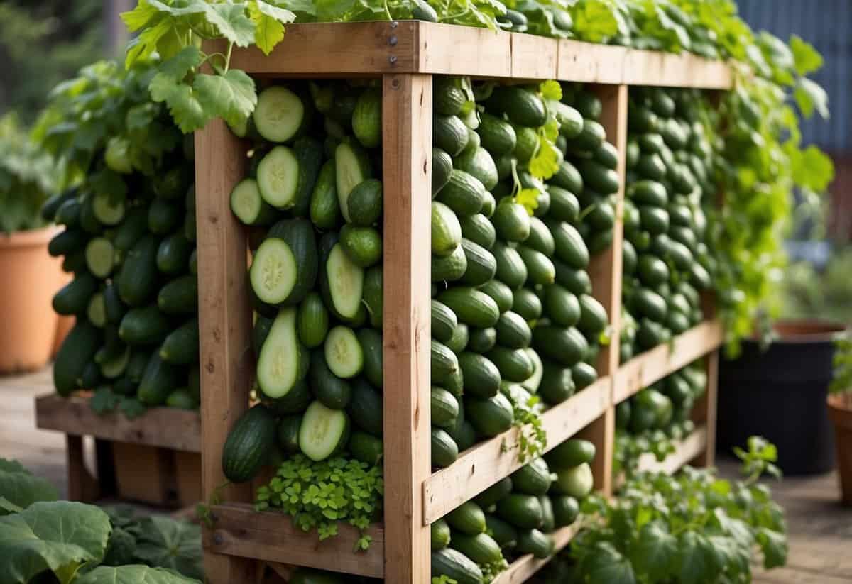 A wooden pallet stands upright, filled with lush green cucumber plants cascading down the sides. The vibrant vegetables dangle from the planter, creating a beautiful and functional garden display