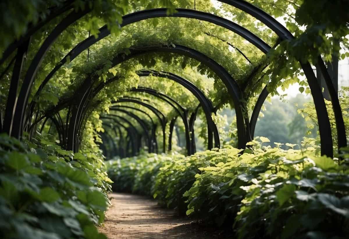 A lush cucumber tunnel archway, with vines cascading down and forming a green canopy overhead, creating a serene and enchanting garden space