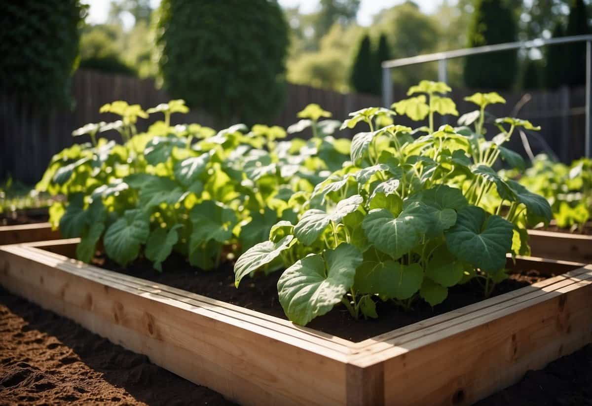 A raised bed garden filled with lush cucumber vines, surrounded by neatly arranged trellises and flourishing plants, showcasing the advantages of this gardening method