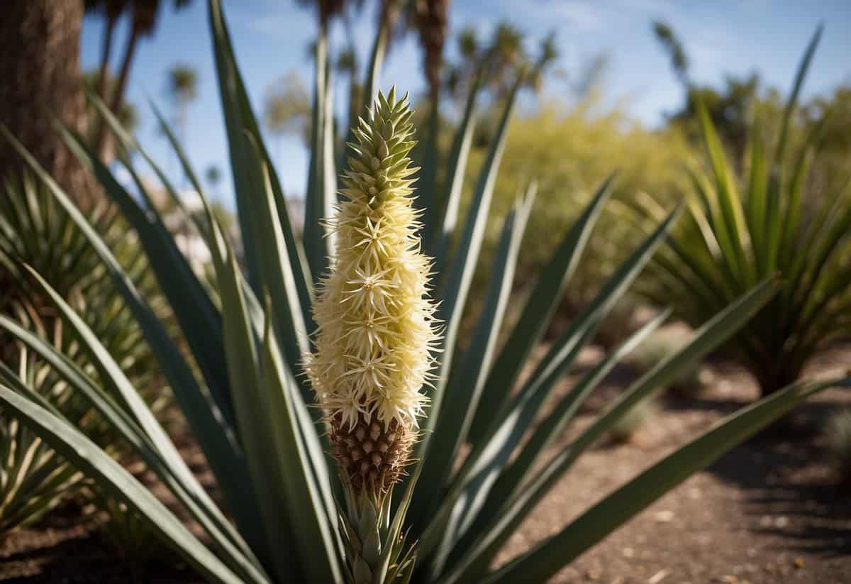 A tall Yucca rostrata stands in a garden, its long, slender leaves reaching towards the sky, creating a striking focal point