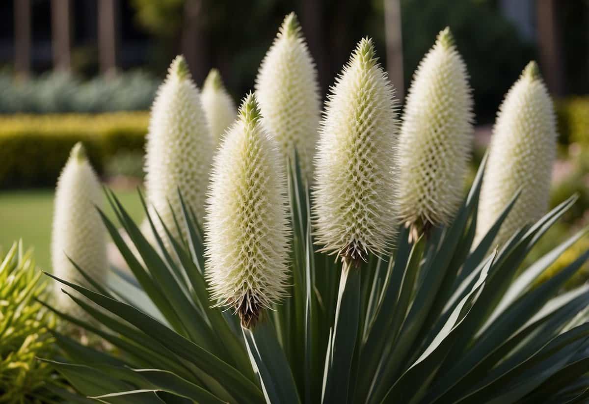 Yucca filamentosa lines the garden edge, its spiky leaves creating a natural border. The tall, white flower spikes add a striking focal point