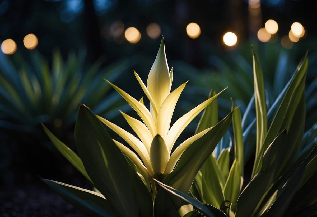 Illuminate Yucca gloriosa at night in a garden setting