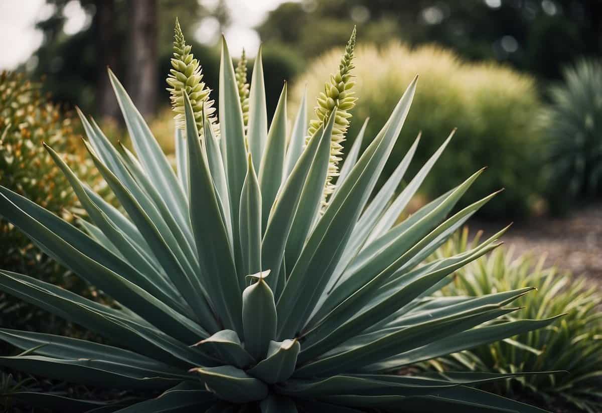 A tall Yucca aloifolia stands as a striking vertical focal point in a garden setting, adding drama and interest to the landscape