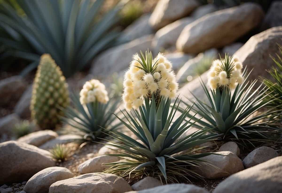 Yucca plants nestled among rocks, adding texture to a garden