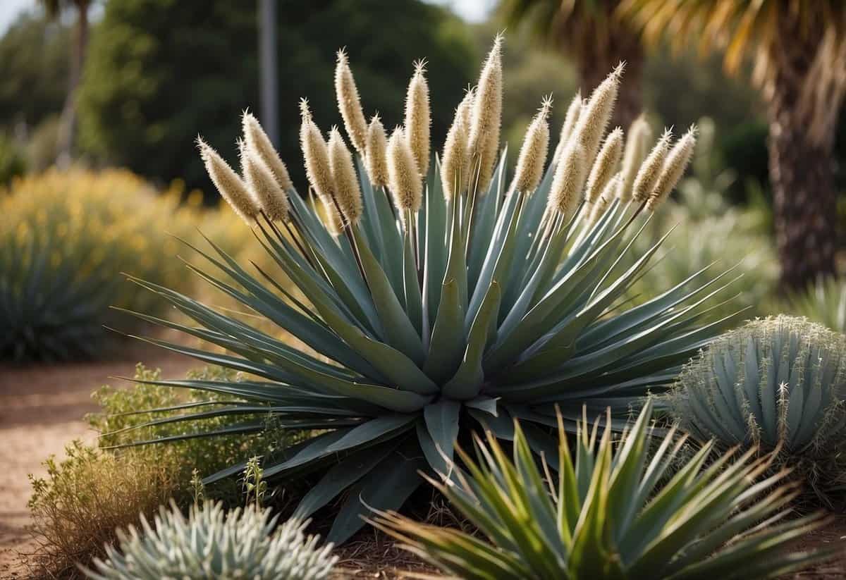 A garden with various yucca plants of different heights and colors, arranged in clusters and spaced out across the landscape