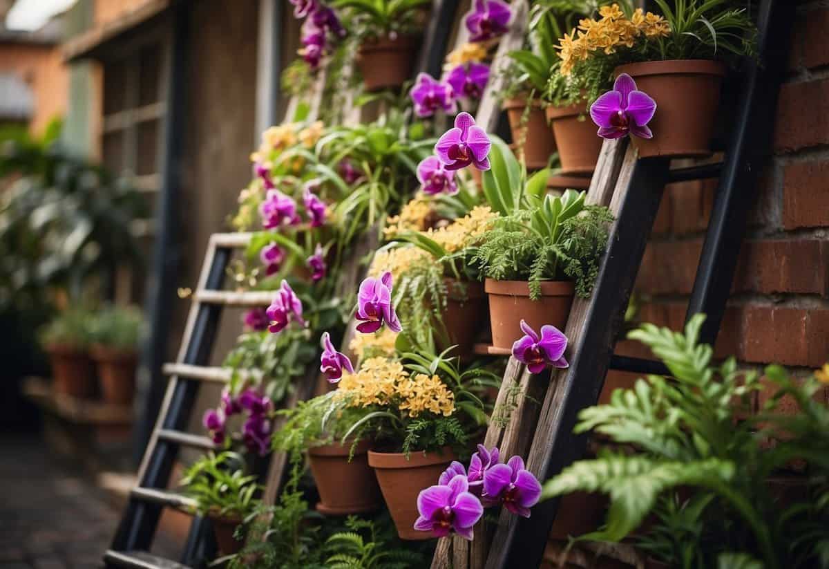 A ladder repurposed as a planter, adorned with vibrant orchids cascading down each step, creating a stunning vertical garden display