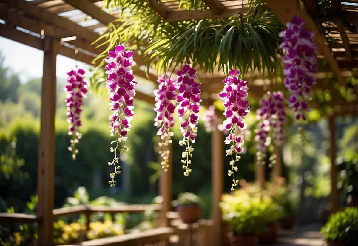 Several hanging orchid baskets suspended from a wooden pergola in a lush garden setting with dappled sunlight filtering through the leaves