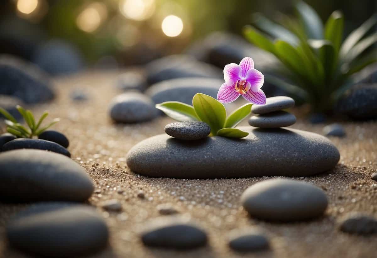 A serene Zen garden with small orchids, rocks, and sand arranged in a minimalist design