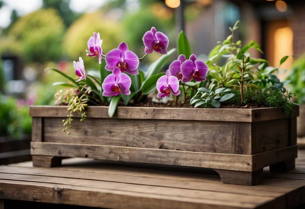 A rustic reclaimed wood planter box holds a lush orchid garden, with vibrant blooms and cascading greenery