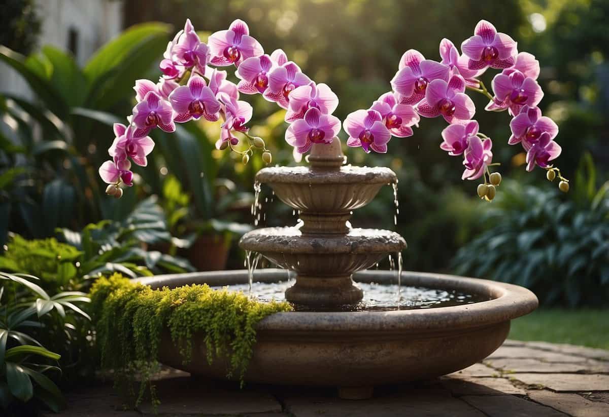 A cascading orchid fountain surrounded by lush greenery and colorful blooms in a tranquil garden setting