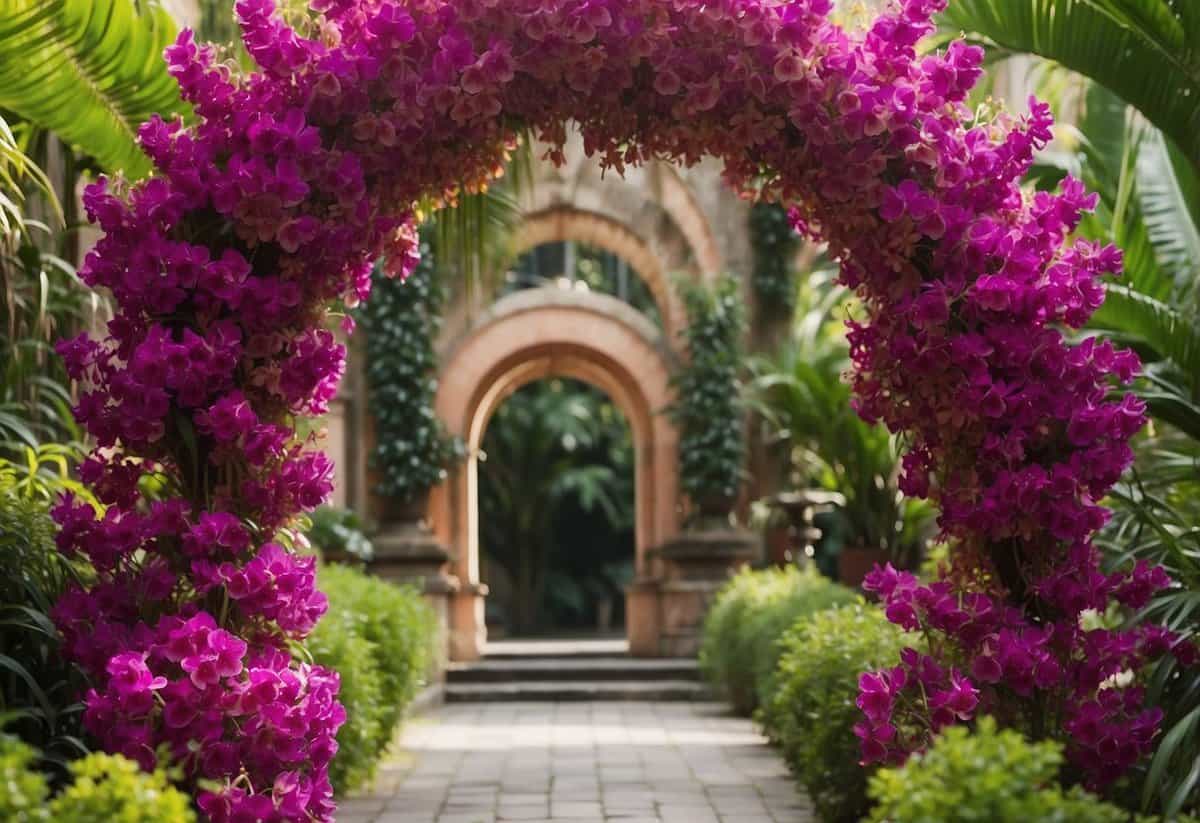 An archway covered in vibrant orchids, creating a stunning garden display