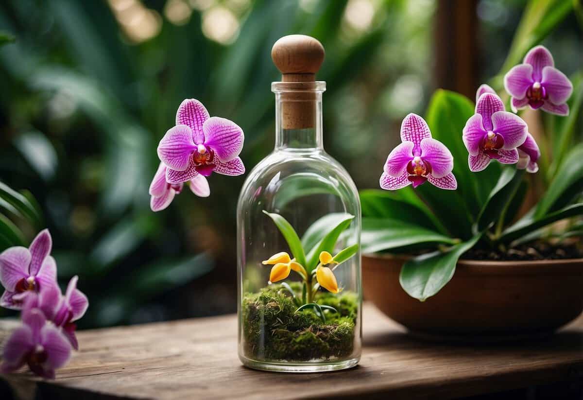 An elegant glass bottle filled with vibrant orchids sits amidst a lush garden, surrounded by delicate greenery and colorful blooms