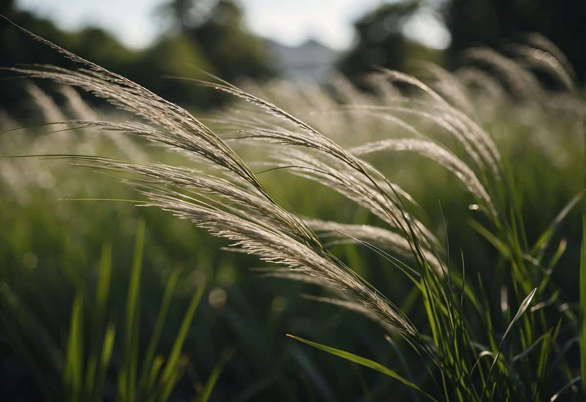 A lush garden of silver grass sways in the breeze, creating a serene and elegant atmosphere. The tall, slender blades of grass create a mesmerizing display of movement and texture