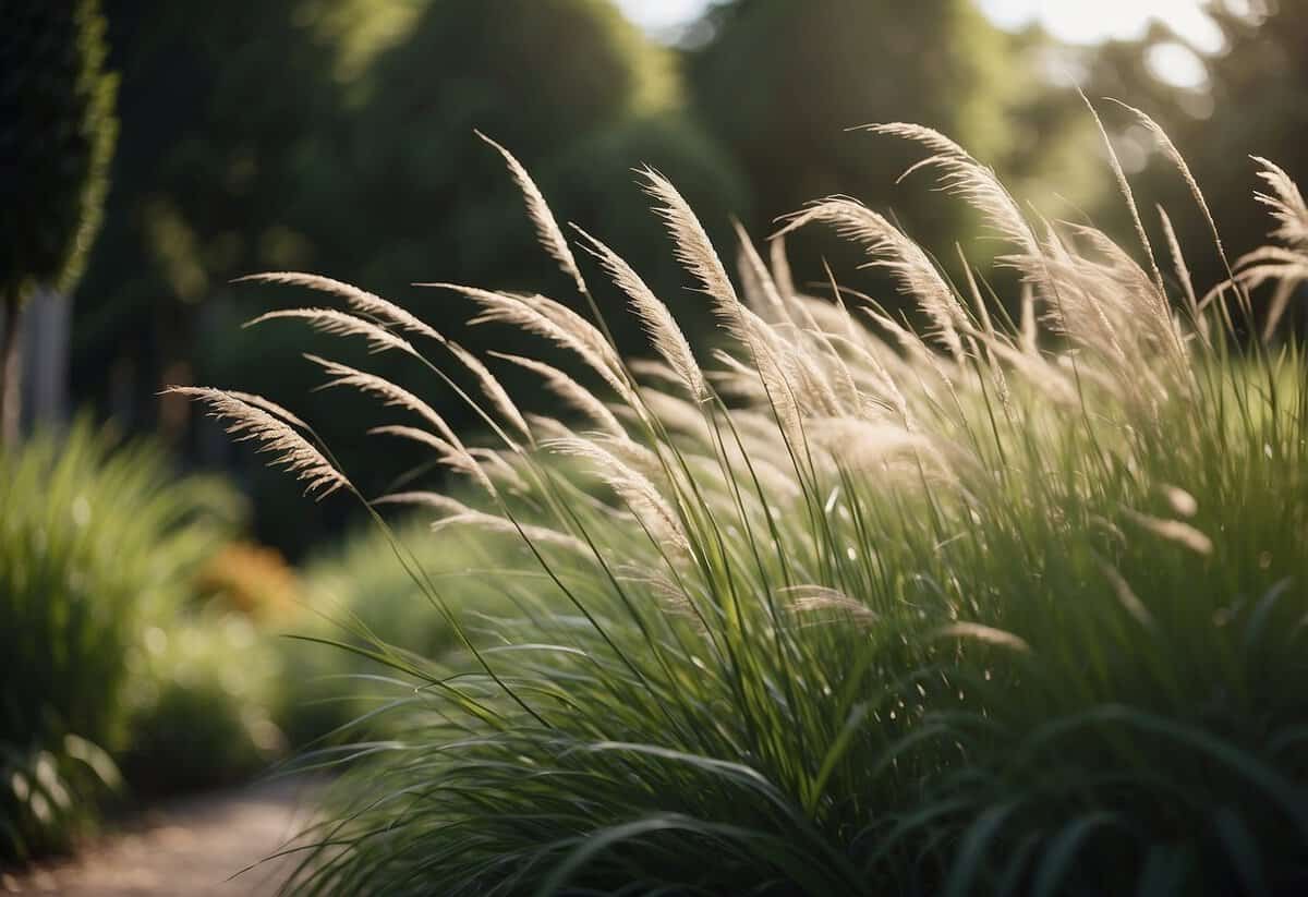 A lush garden filled with various ornamental grasses swaying gently in the breeze, creating a sense of tranquility and natural beauty