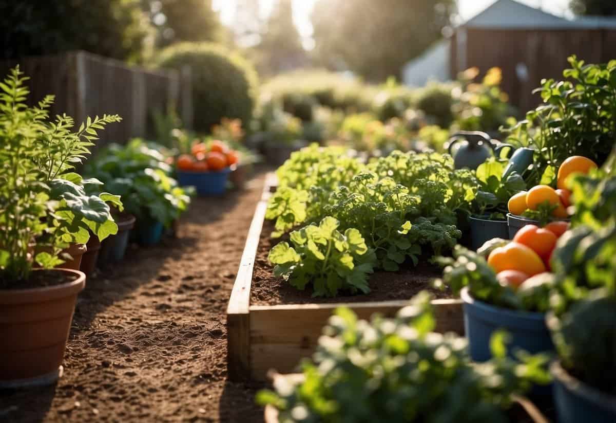 A sunny backyard with raised vegetable beds, filled with vibrant green plants and colorful produce. A small wooden fence surrounds the garden, and a watering can sits nearby